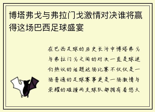 博塔弗戈与弗拉门戈激情对决谁将赢得这场巴西足球盛宴