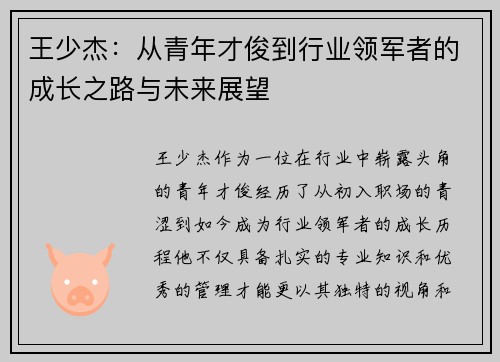 王少杰：从青年才俊到行业领军者的成长之路与未来展望